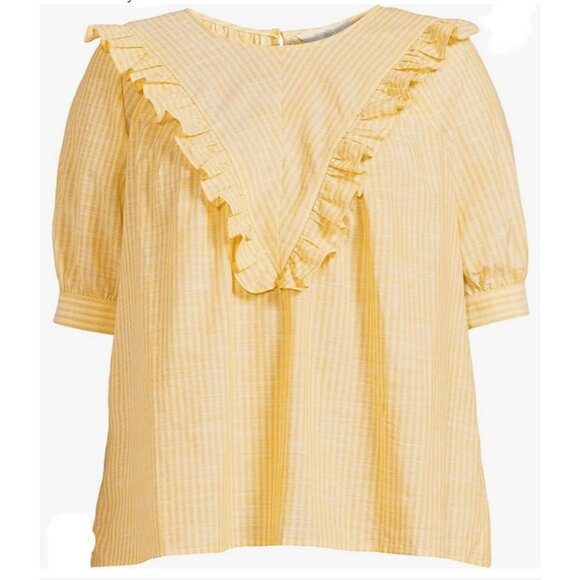 Terra & Sky Women's Ruffle Yoke Woven Blouse Golden Curry Spice, 1X (16W-18W) - Picture 1 of 1